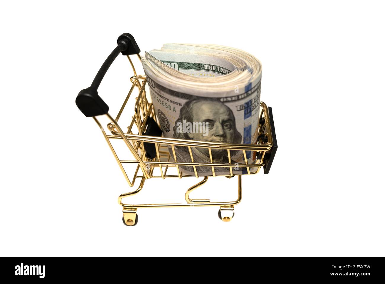 Warenkorb mit Dollar innen isoliert auf weiß Stockfoto