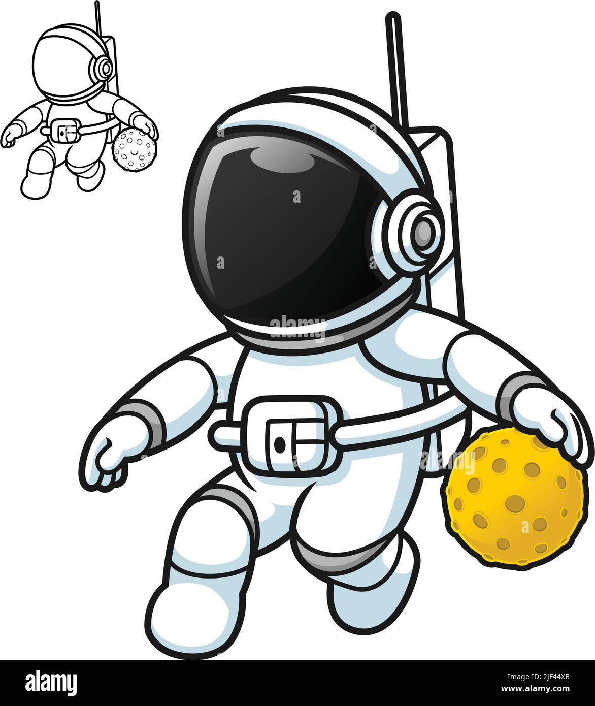 Niedlicher Astronaut spielt Basketball mit Mondball mit schwarzer und weißer Linienkunstzeichnung, Wissenschaft im Weltraum, Vektor-Charakterillustration, Umriss Stock Vektor