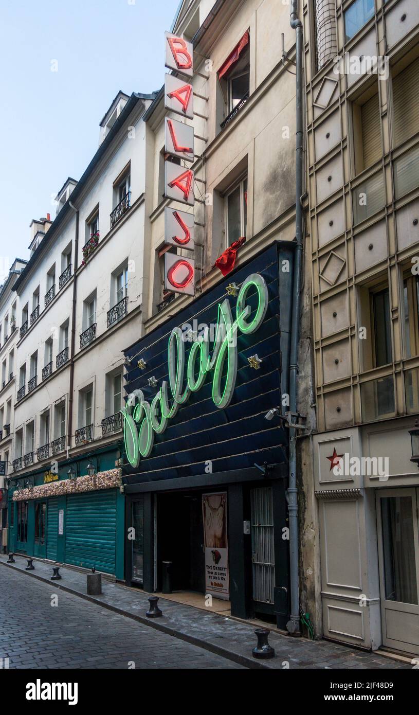 Eingang von Le Balajo, Tanzsaal, Club, Ballsaal, Rue de Lappe, Paris, Frankreich. Stockfoto