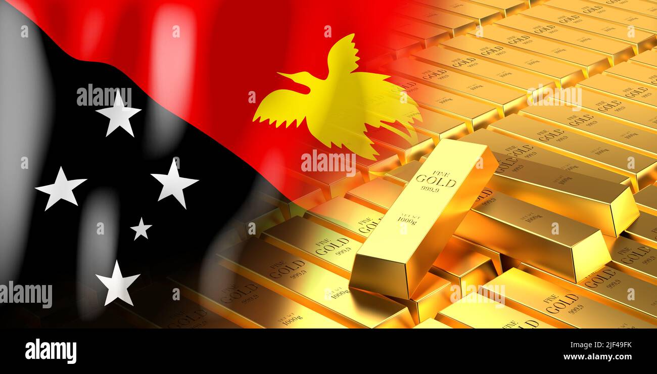 Papua-Neuguinea-Flagge und Goldbarren - 3D Abbildung Stockfoto