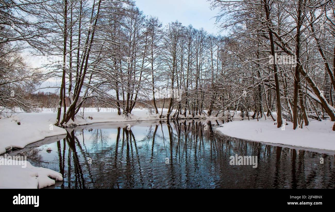 Flussbiegung im Winter. Schneebedeckte Ufer und Bäume ohne Blätter. Gelassenheit. Klarer Wintertag Stockfoto