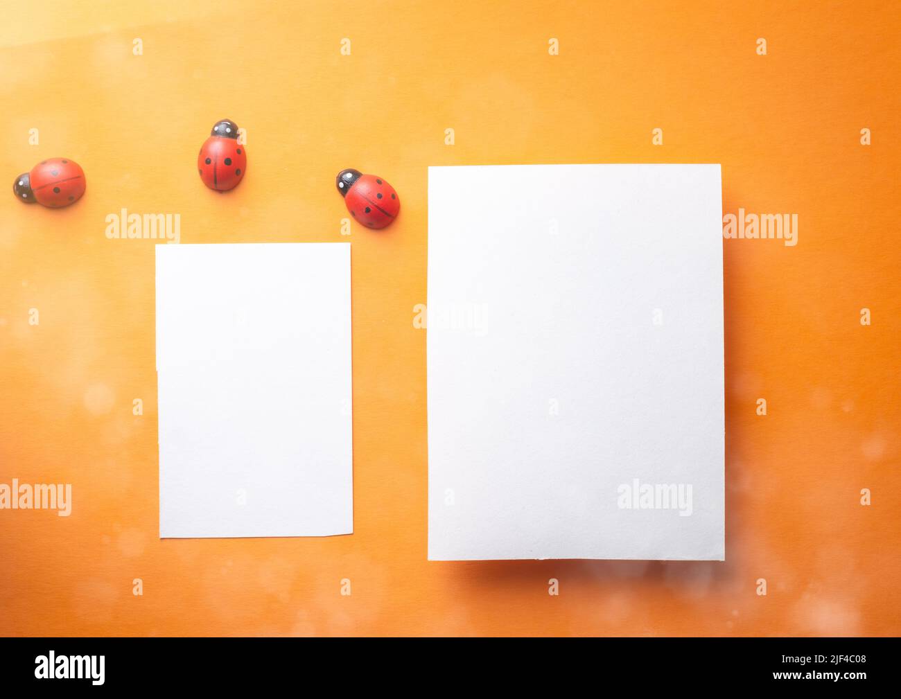 Einladungskarte Mockup, für Kinderparty, gelber Hintergrund mit Marienkäfer. Stockfoto