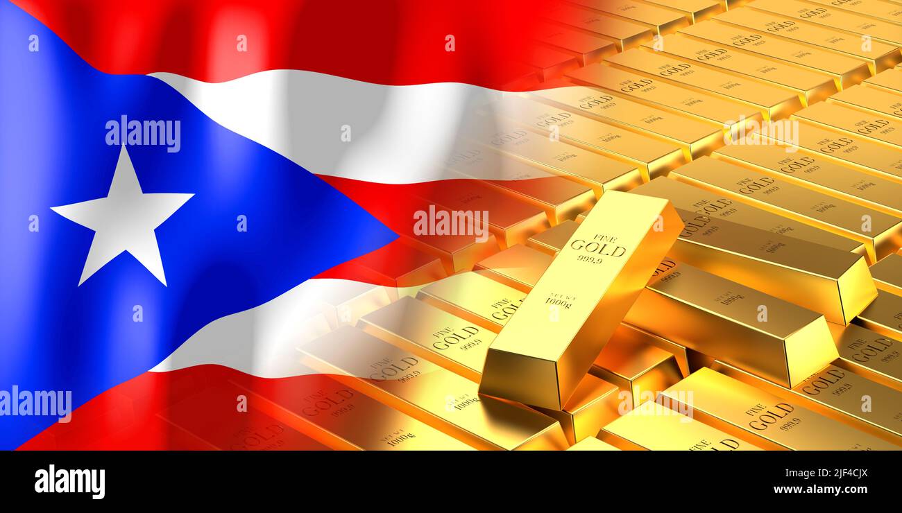 Puerto Rico Flagge und Goldbarren - 3D Abbildung Stockfoto