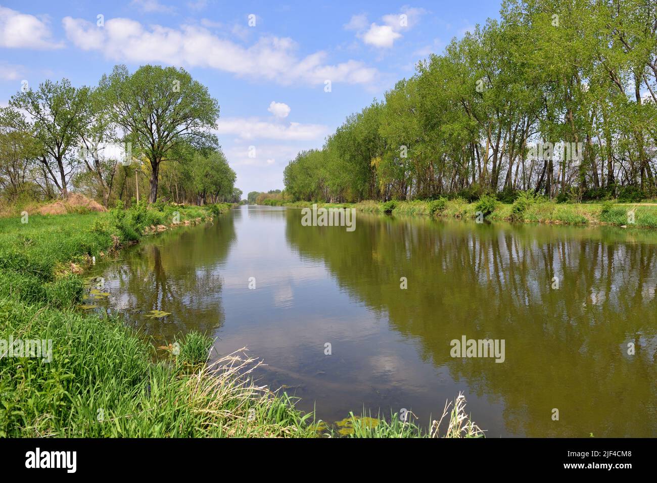 Annawan, Illinois, USA. Das Wasser des Hennepin-Kanals spiegelt die Bäume entlang seiner Ufer wider, während es durch einen ländlichen Abschnitt des nordwestlichen Illinois fließt. Stockfoto