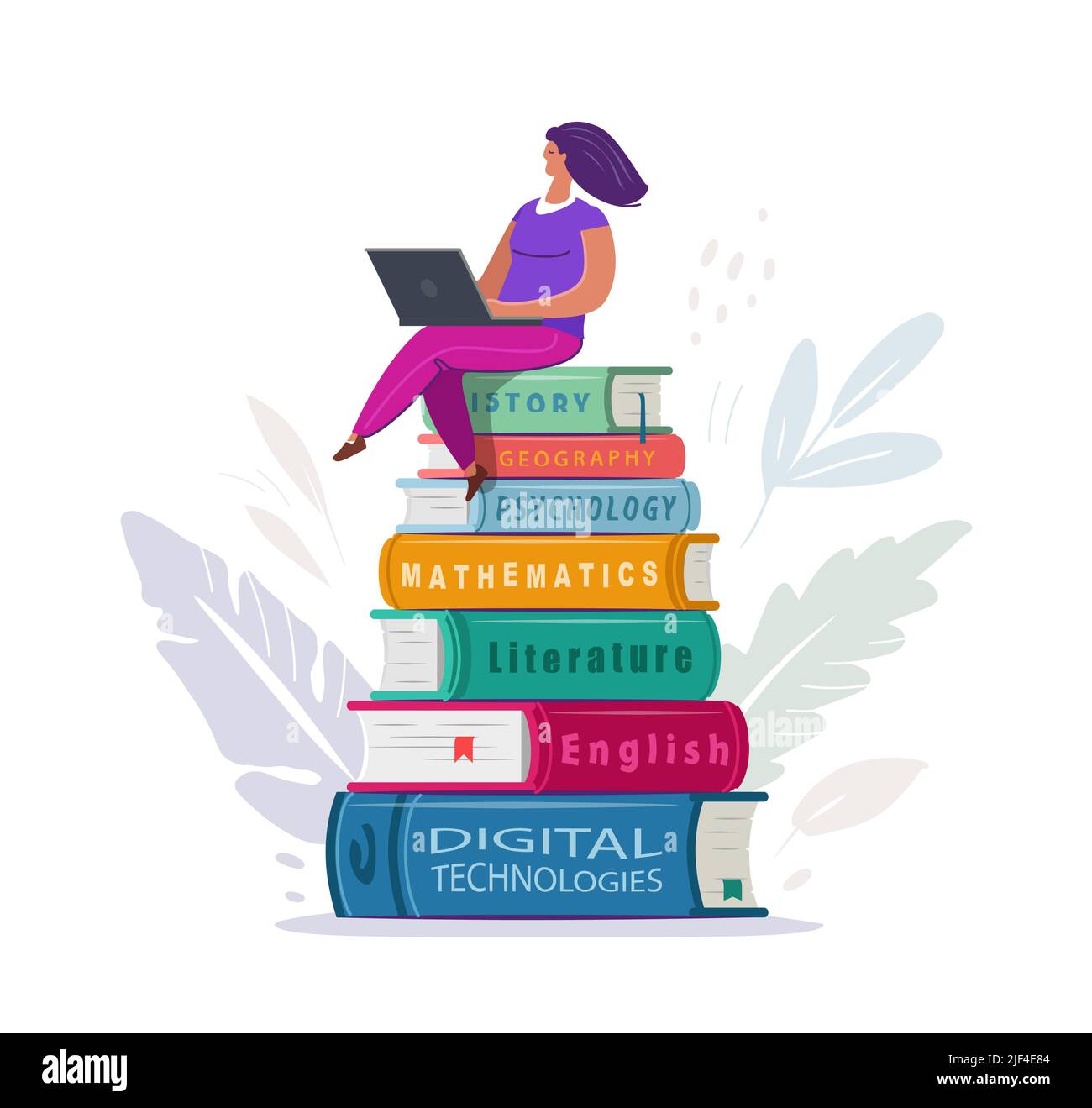Online-Studium, Lernen, Bibliothekskonzept. Mädchen, das mit einem Laptop auf Bücherstapel sitzt. Vektorgrafik im flachen Stil Stock Vektor