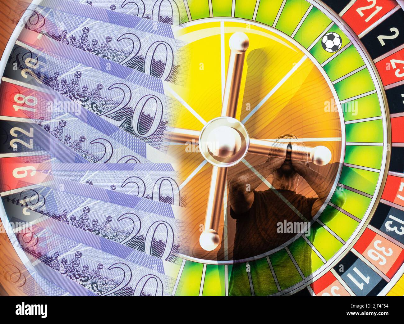 Zwanzig Pfund-Noten auf Roulette-Rad mit Mann mit Händen über Gesicht. Fußball auf Roulette-Rad. Glücksspiel, Fußball, Online, psychische Gesundheit... Konzept Stockfoto