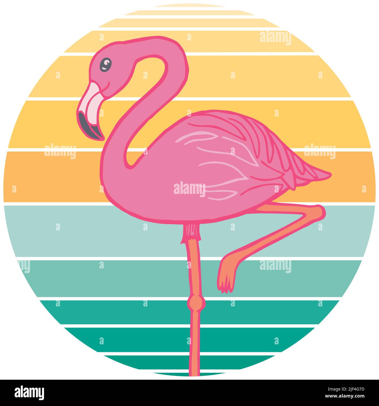 Eine rosa Flamingo Vektor-Illustration auf einem Retro-Sonnenuntergang Kreis Hintergrund. Perfekt für Souvenirs, Florida-Produkte und mehr. Stock Vektor