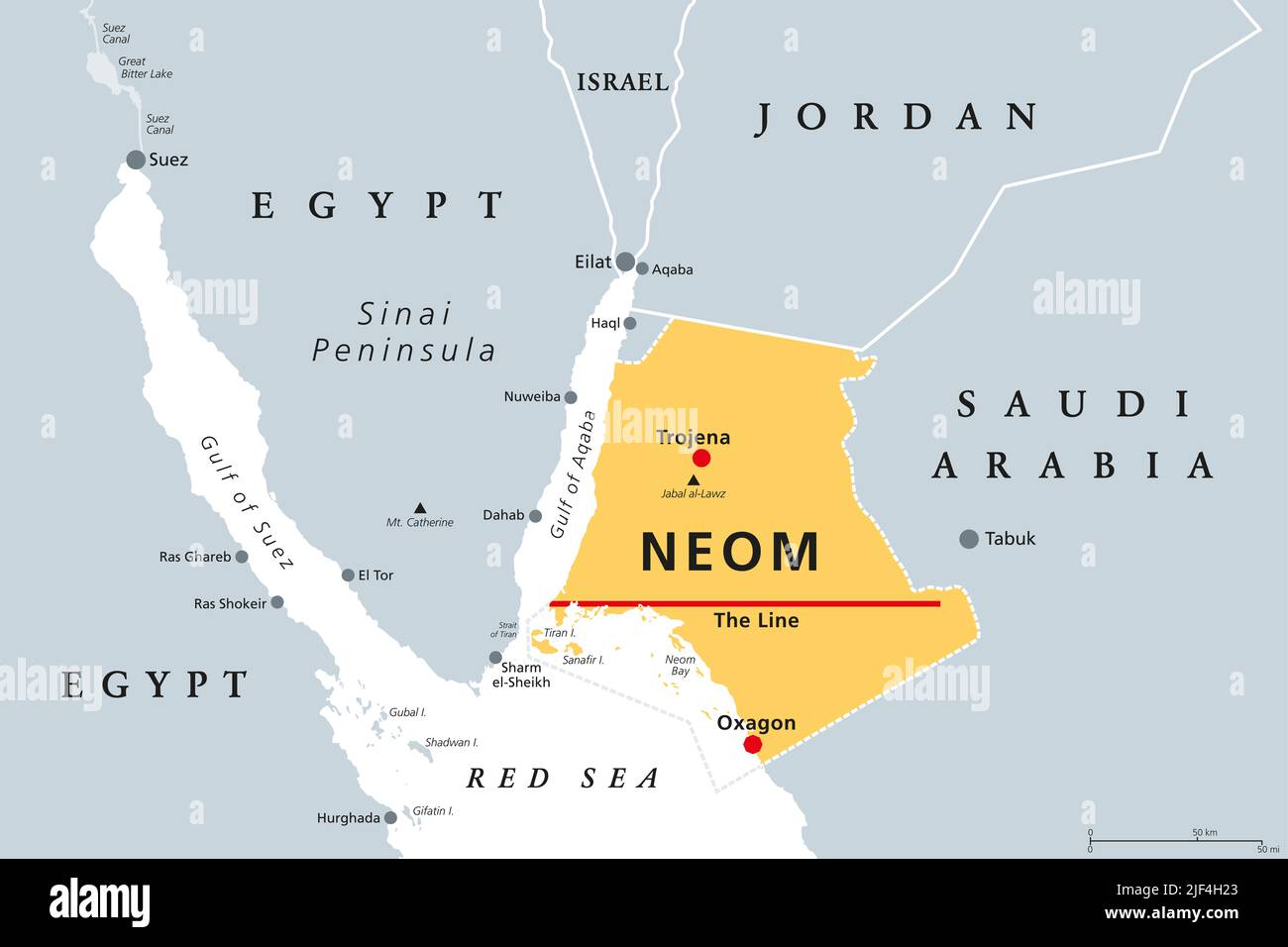 NEOM, graue politische Landkarte. Saudi-Arabien wird in der Provinz Tabuk im Nordwesten Saudi-Arabiens, nördlich des Roten Meeres und über den Golf von Aqaba errichtet. Stockfoto