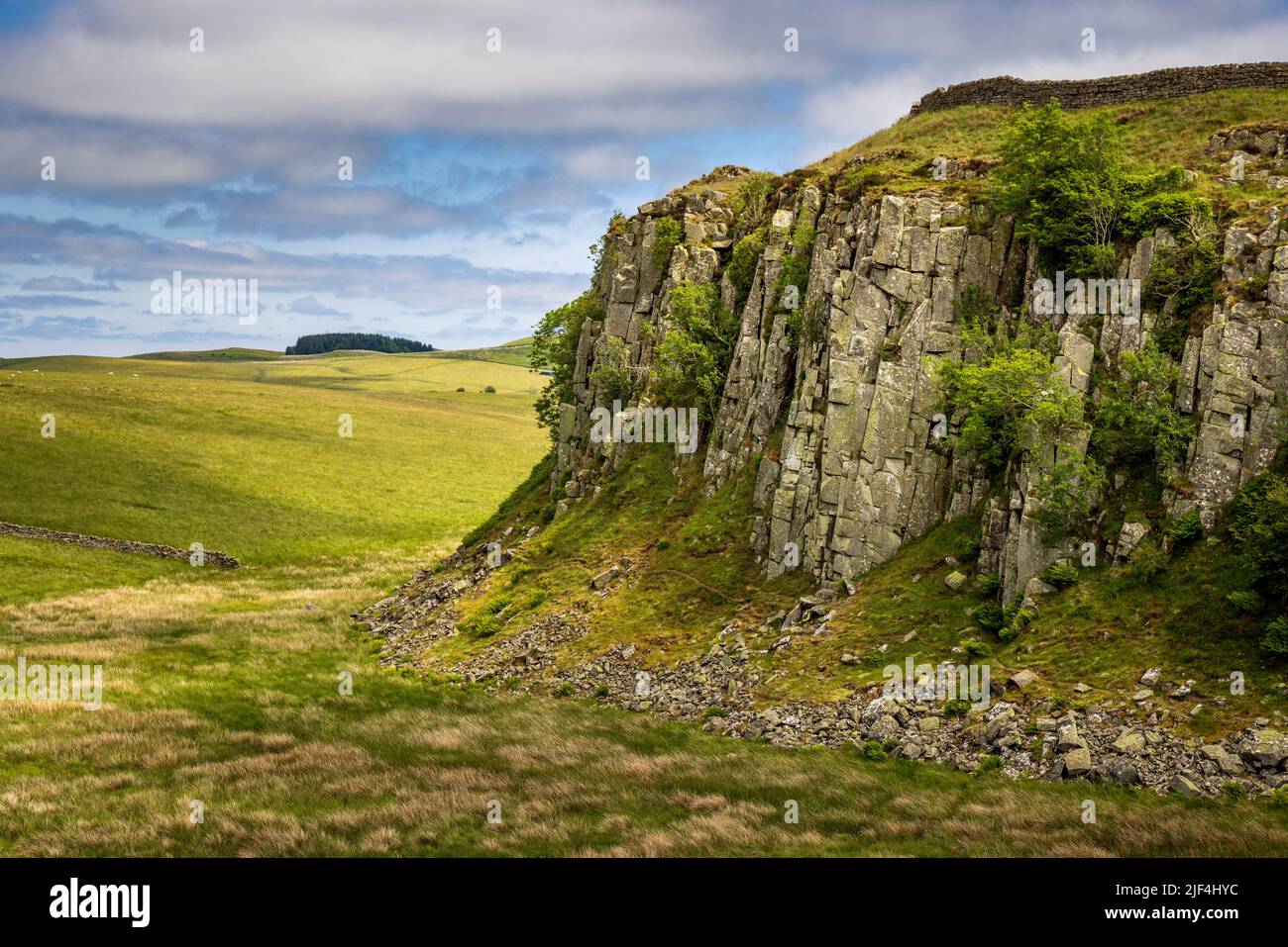 Der unerschütterte Felsen der Whin-Sill bei Steel Rigg mit Hadrians Mauer auf dem Gipfel, Northumberland, England Stockfoto