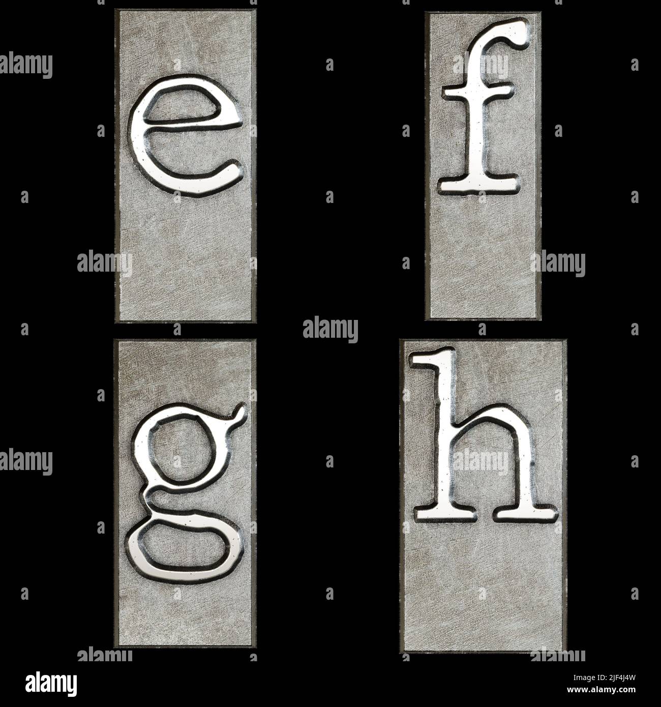 3D Rendering von Metall Schreibmaschine Druckkopf Alphabet - Kleinbuchstaben e-h Stockfoto
