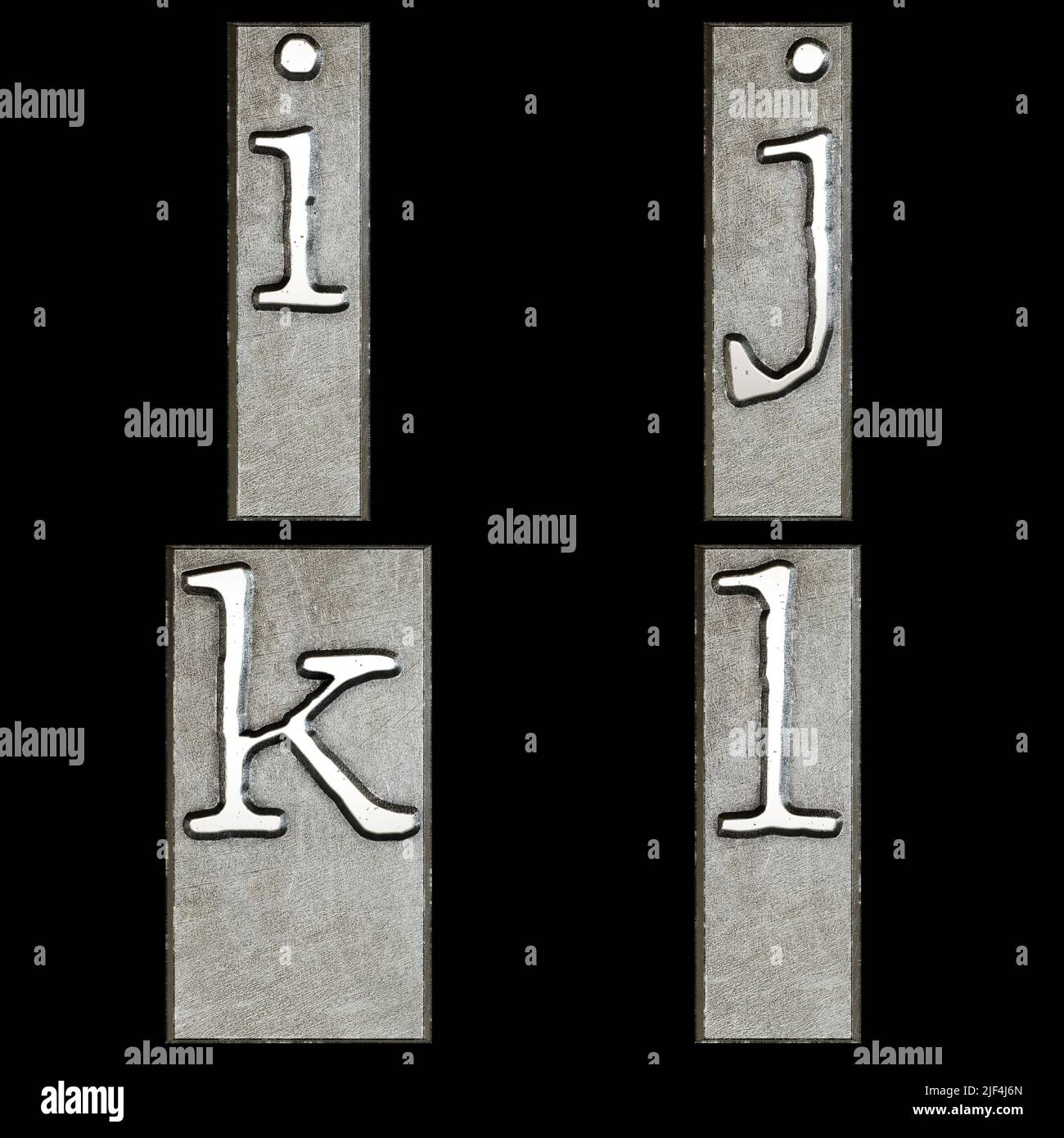 3D Rendering von Metall Schreibmaschine Druckkopf Alphabet - Kleinbuchstaben i-l Stockfoto
