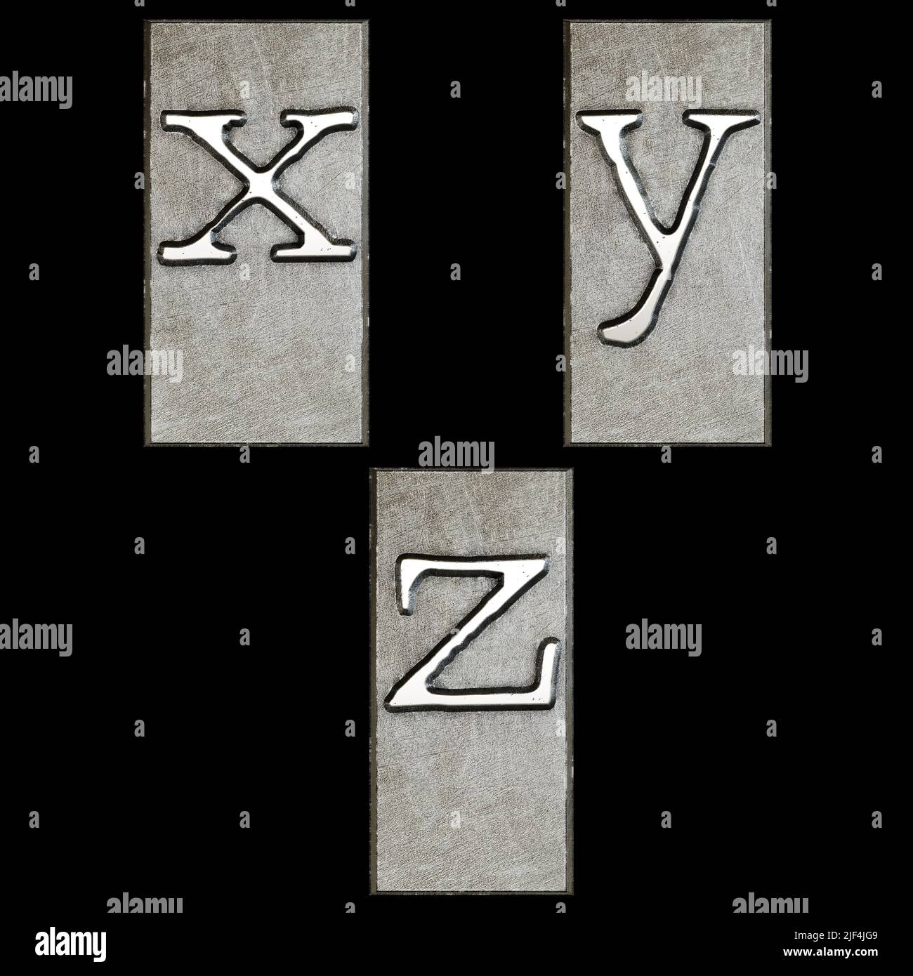 3D Rendering von Metall Schreibmaschine Druckkopf Alphabet - Kleinbuchstaben x-z Stockfoto