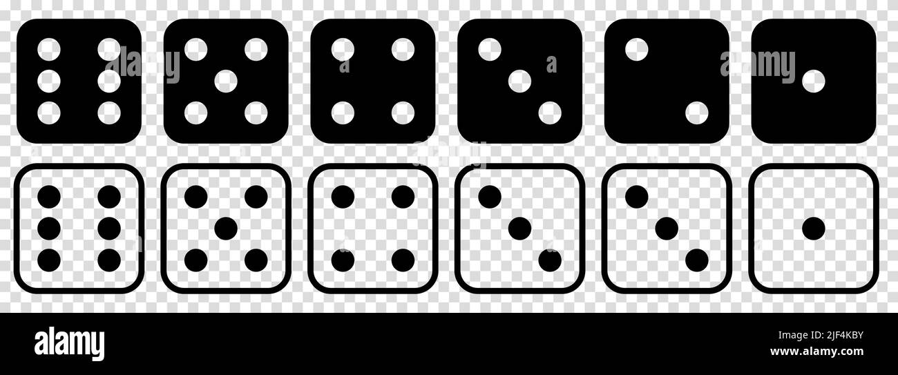 Würfel-Symbole. Kollektion in flachem und geradlinigem Design von eins bis sechs. Vektordarstellung auf transparentem Hintergrund isoliert Stock Vektor