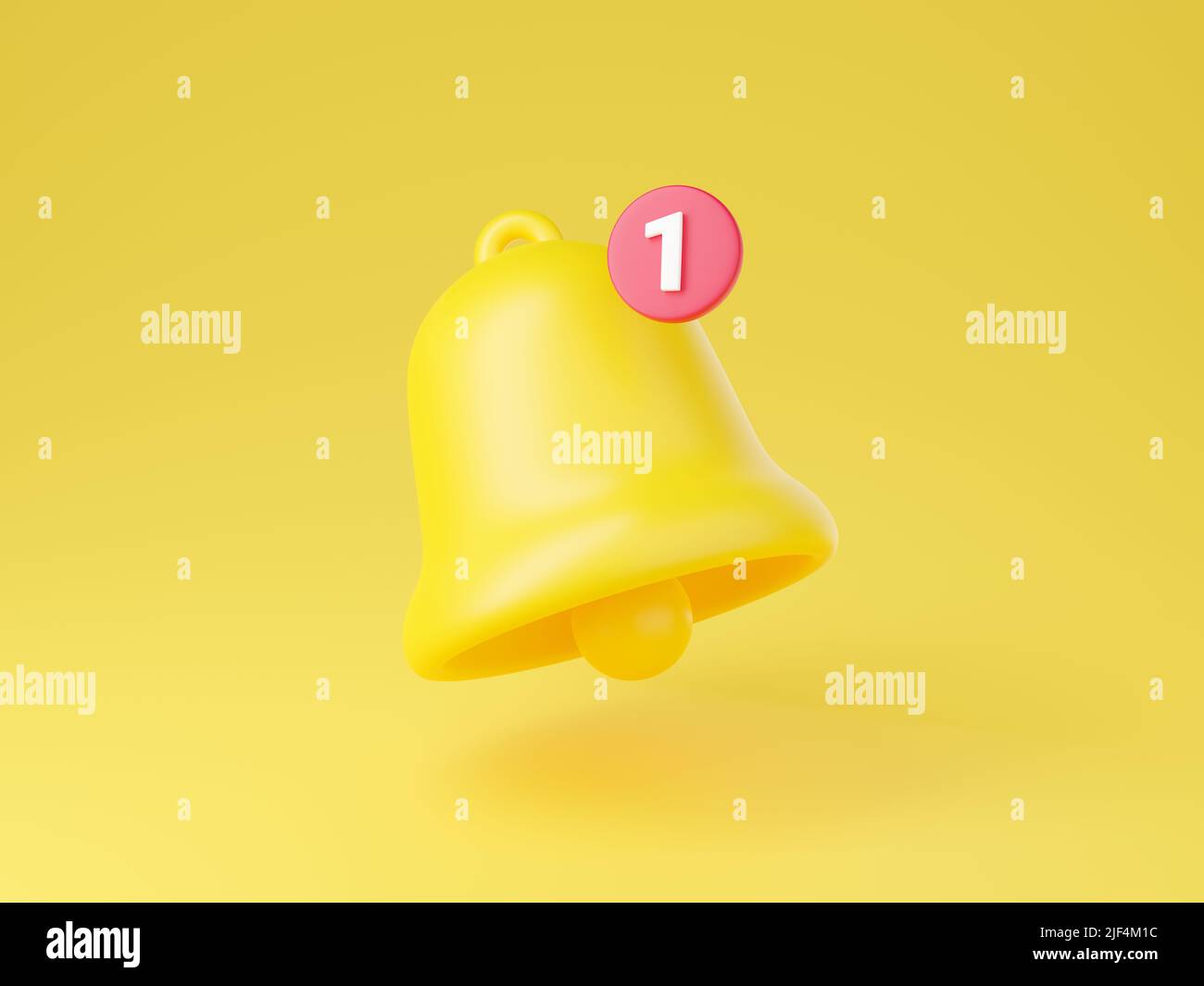 Benachrichtigungssymbol 3D Render - niedliche Cartoon-Illustration der einfachen gelben Glocke mit der ersten. Stockfoto
