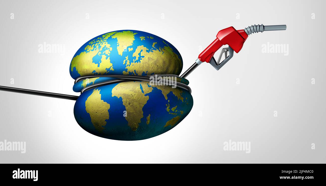 Globale Gaskrise und internationale Schmerzen an der Gaspumpe oder weltweite Energieherausforderung als steigende Kraftstoffpreise und Öl erhöhen Konzept oder schmerzhaft. Stockfoto