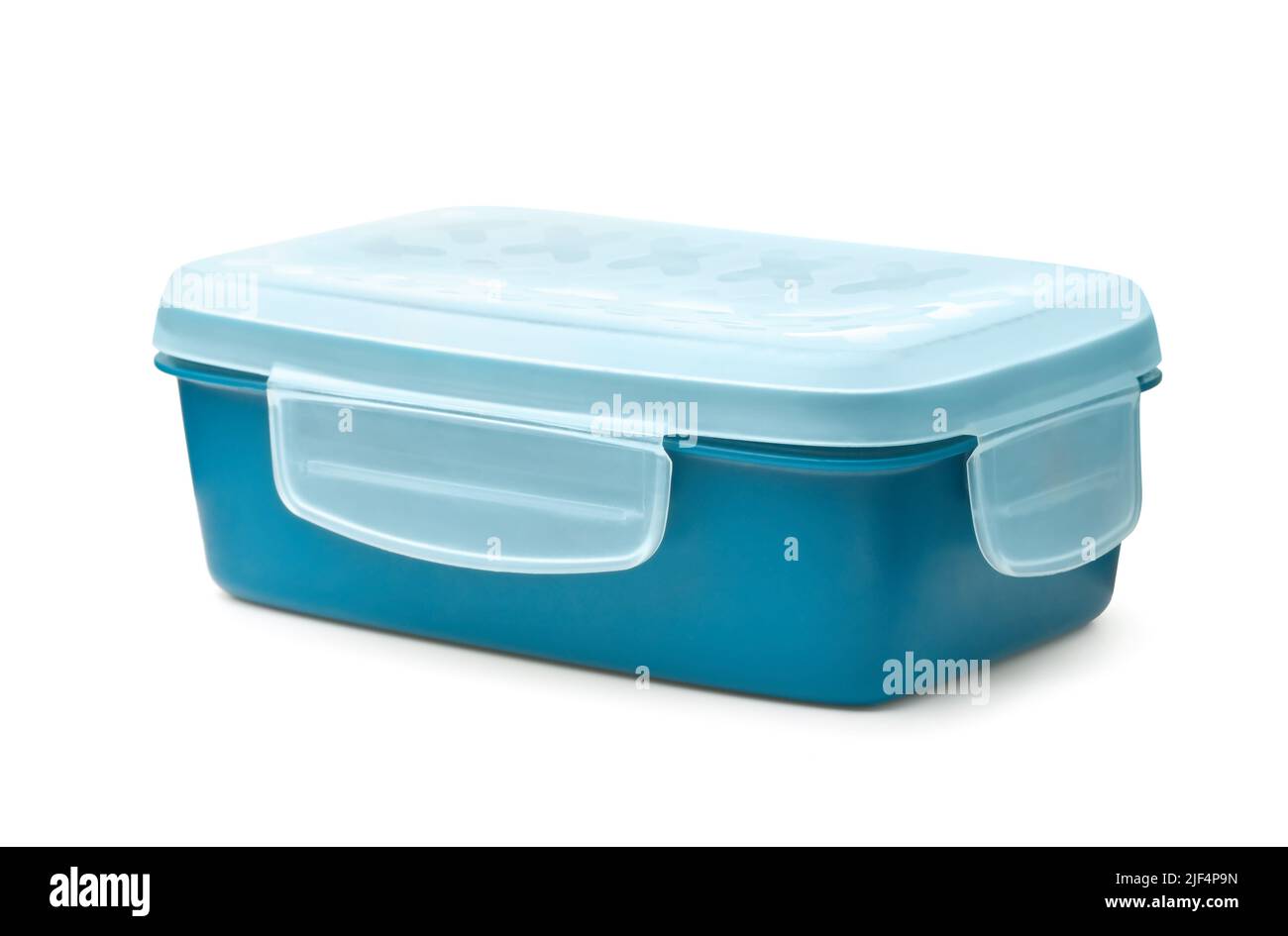 Blauer rechteckiger Aufbewahrungsbehälter für Lebensmittel mit Clip-Verschluss, isoliert auf Weiß Stockfoto