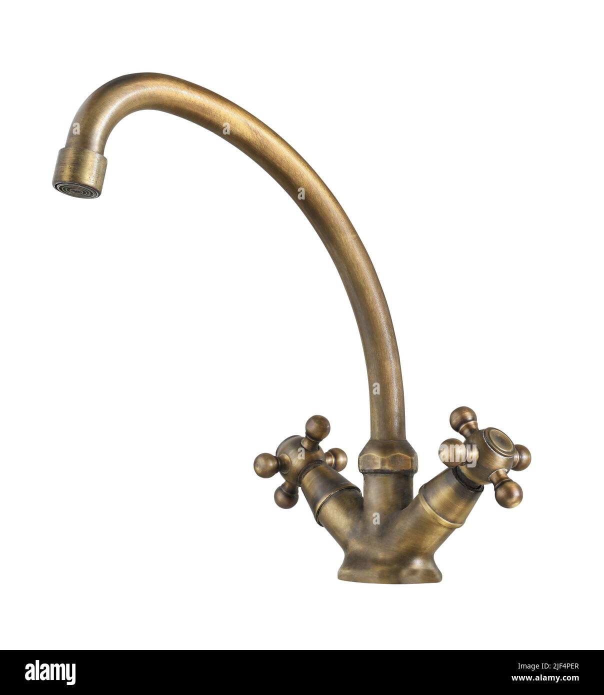 Alte Messing zwei Griff Bad Wasserhahn isoliert auf weiß Stockfoto