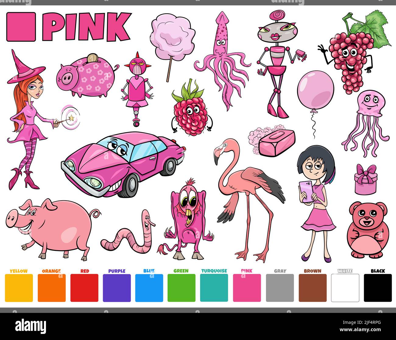 Cartoon Illustration Set mit Comic-Figuren wie Menschen und Tiere oder Objekte in rosa Stock Vektor