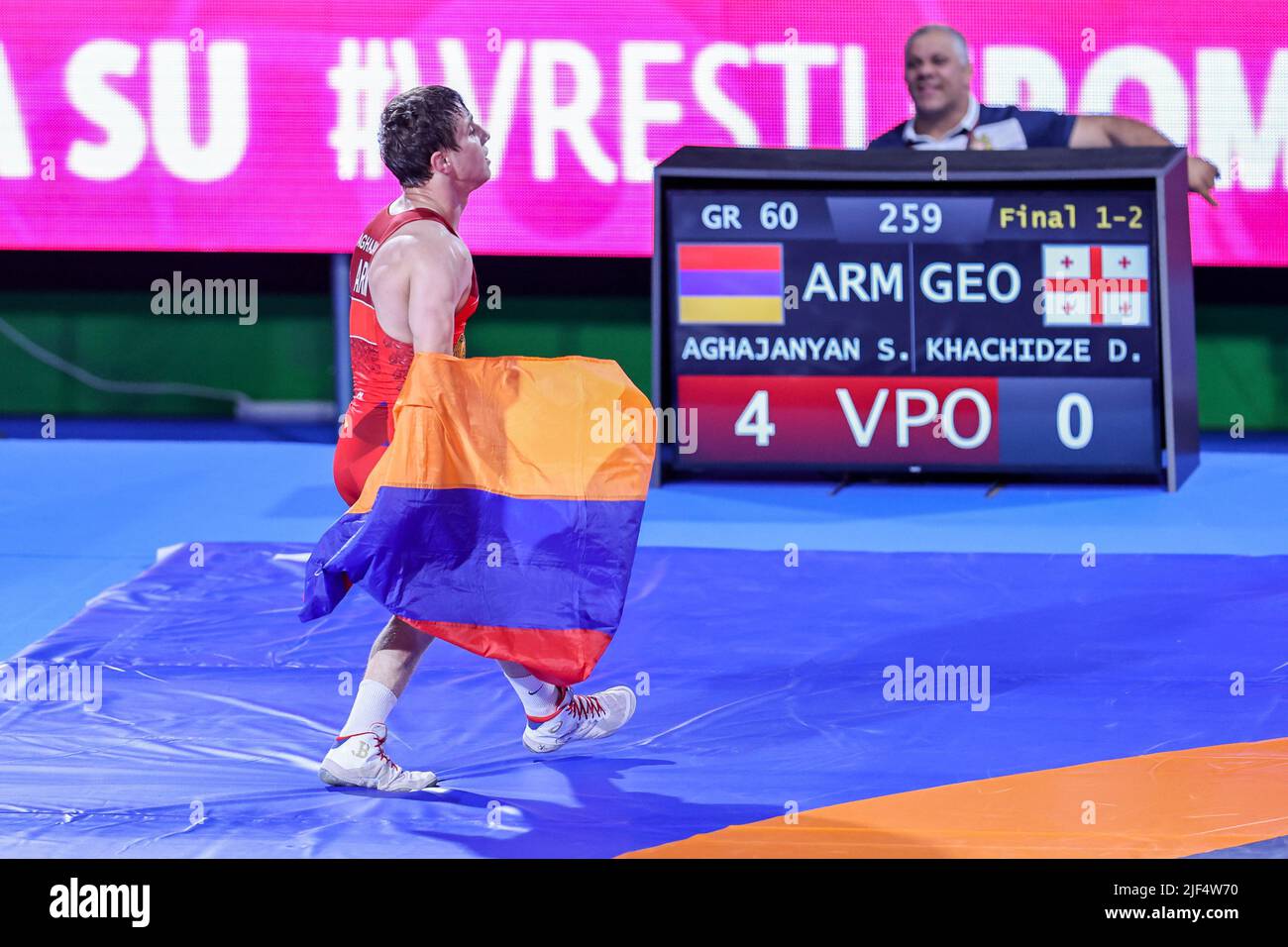 Rom, Italien. 29.. Juni 2022. Suren Aghajanyan (ARM) GR 60kg Jubel während der Europameisterschaft U20, Wrestling in Rom, Italien, Juni 29 2022 Quelle: Independent Photo Agency/Alamy Live News Stockfoto