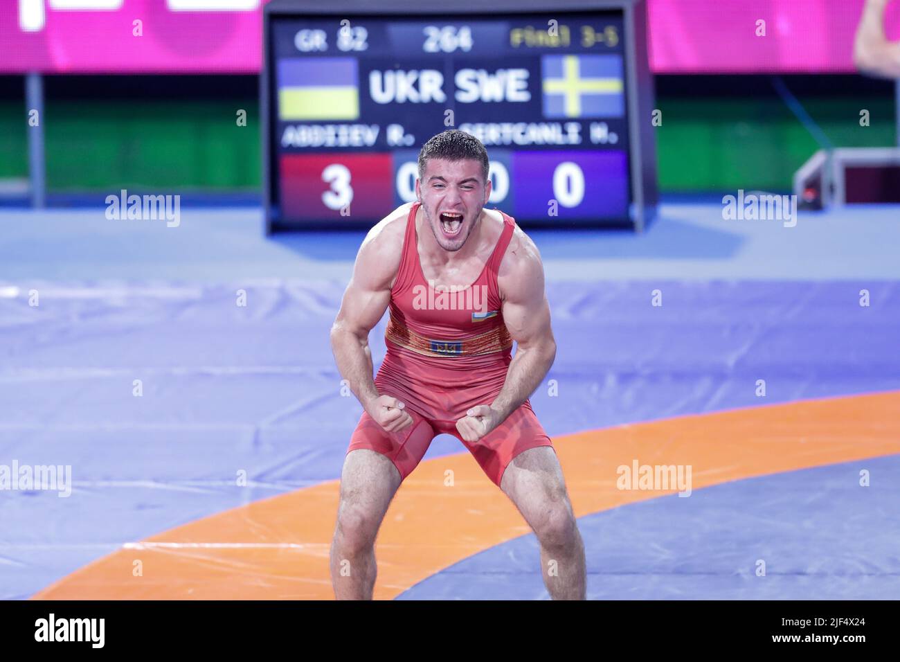 Matteo Pellicone, Rom, Italien, 29. Juni 2022, Ruslan Abdiie (UKR) GR 82kg Jubel während der Europameisterschaft U20 - Wrestling Stockfoto