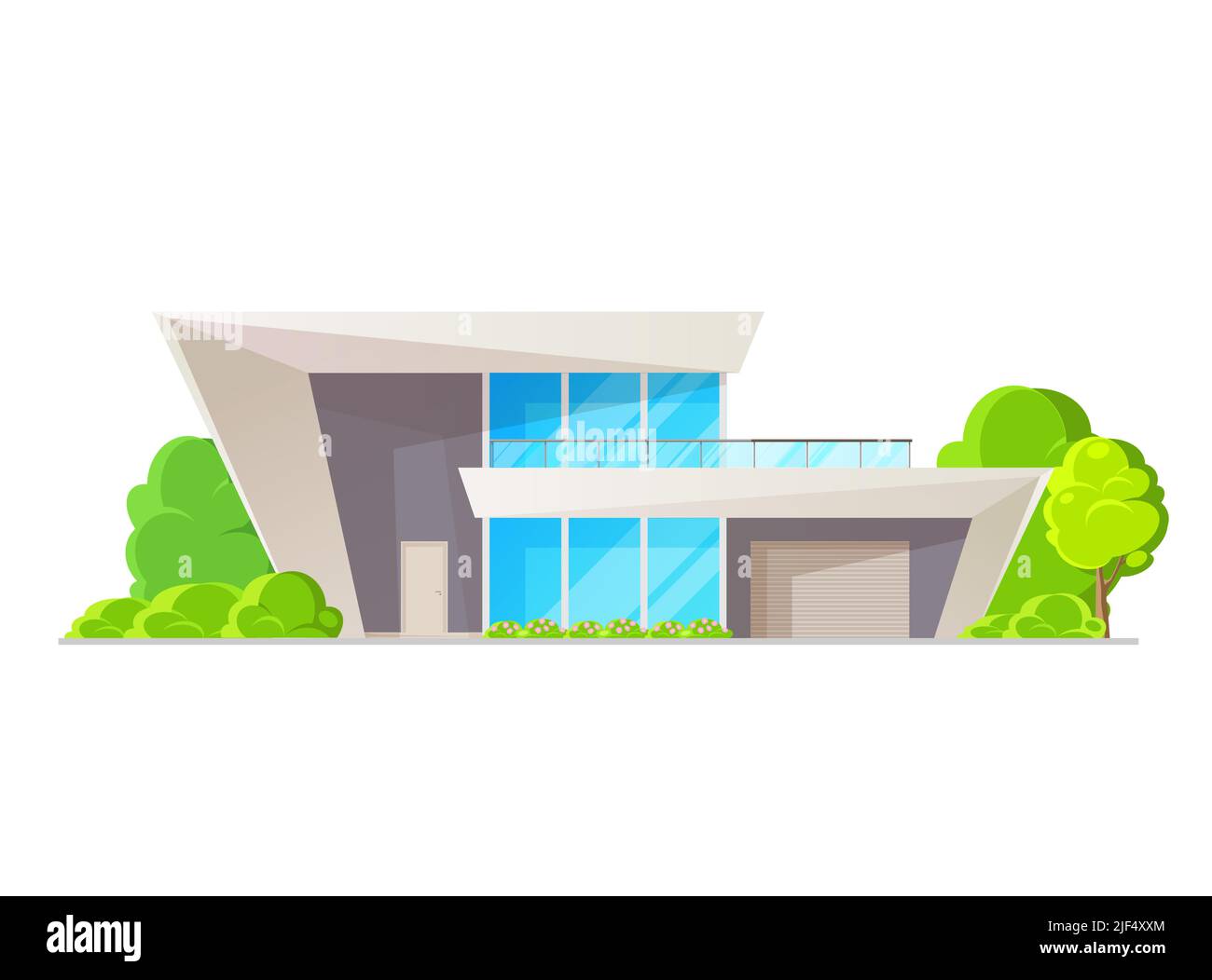 Moderne luxuriöse Wohnhauswohnung. Haus außen mit großen Fenstern, Terrasse, flache Wurzel und Garage. Villa oder Herrenhaus mit zeitgenössischem Design, Immobilien oder komfortable Residenz Stock Vektor