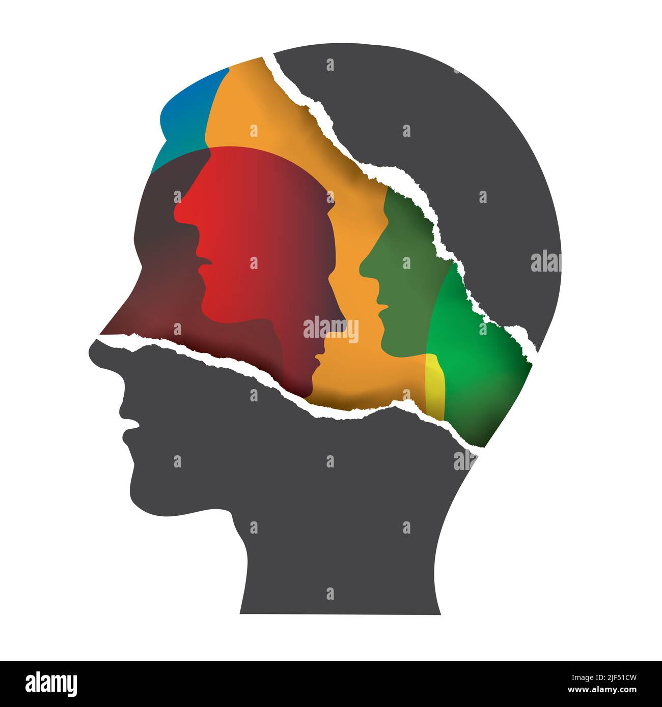 Schizophrenie, bipolare Störung, Konzept der psychischen Gesundheit. Zerrissenes Papier männlicher Kopf stilisierte Silhouetten.isoliert auf weißem Hintergrund. Vektor verfügbar. Stock Vektor