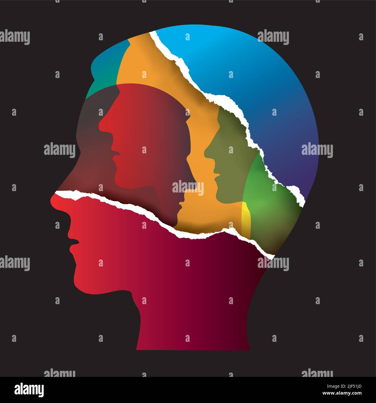 Schizophrenie, bipolare Störung, Konzept der psychischen Gesundheit. Zerrissenes Papier männlicher Kopf stilisierte Silhouetten.isoliert auf weißem Hintergrund. Vektor verfügbar. Stock Vektor