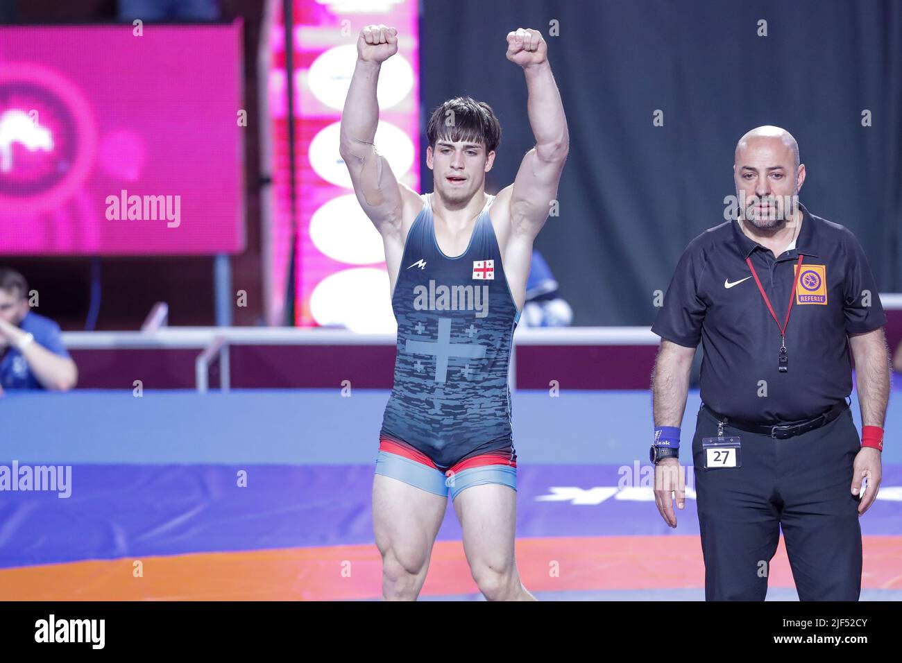 Rom, Italien. 29.. Juni 2022. Achiko Bolkvadze (GEO) GR 82kg Jubel während der Europameisterschaft U20, Wrestling in Rom, Italien, Juni 29 2022 Quelle: Independent Photo Agency/Alamy Live News Stockfoto