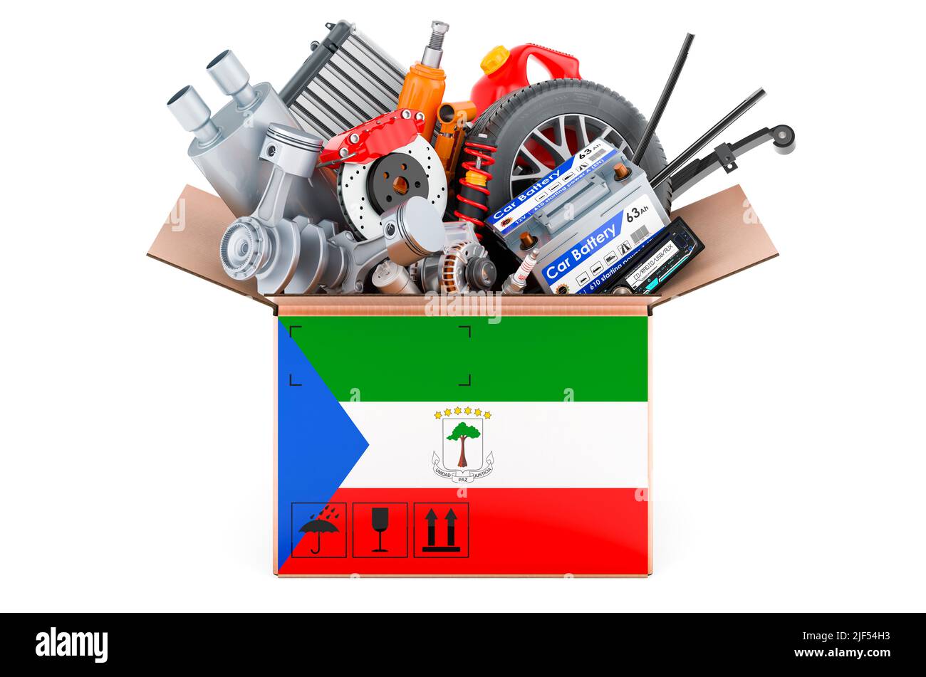 Äquatoguineanische Guinea-Flagge auf dem Paket mit Autoteilen bemalt. 3D Darstellung isoliert auf weißem Hintergrund Stockfoto