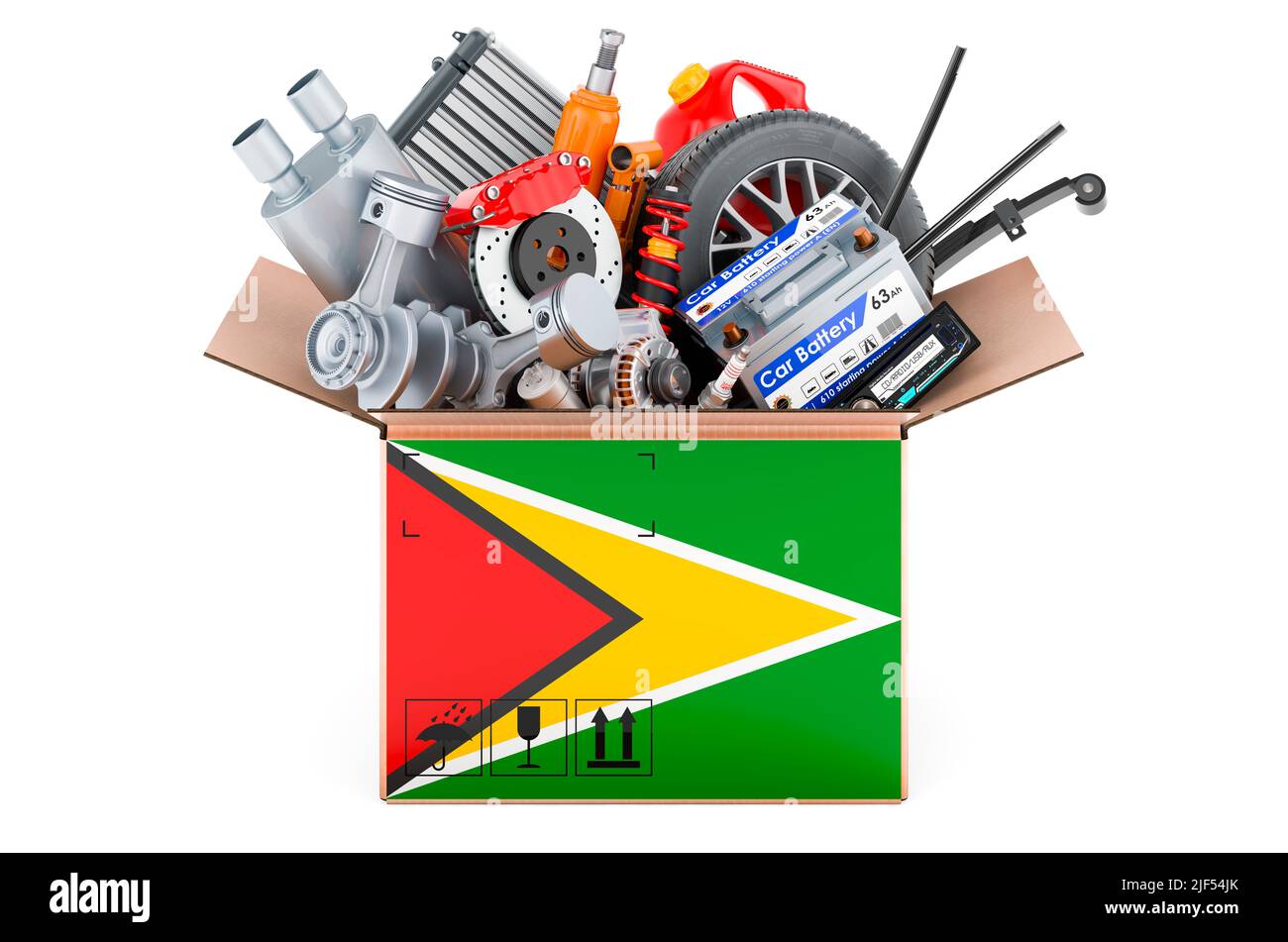Guyanische Flagge auf dem Paket mit Autoteilen bemalt. 3D Darstellung isoliert auf weißem Hintergrund Stockfoto
