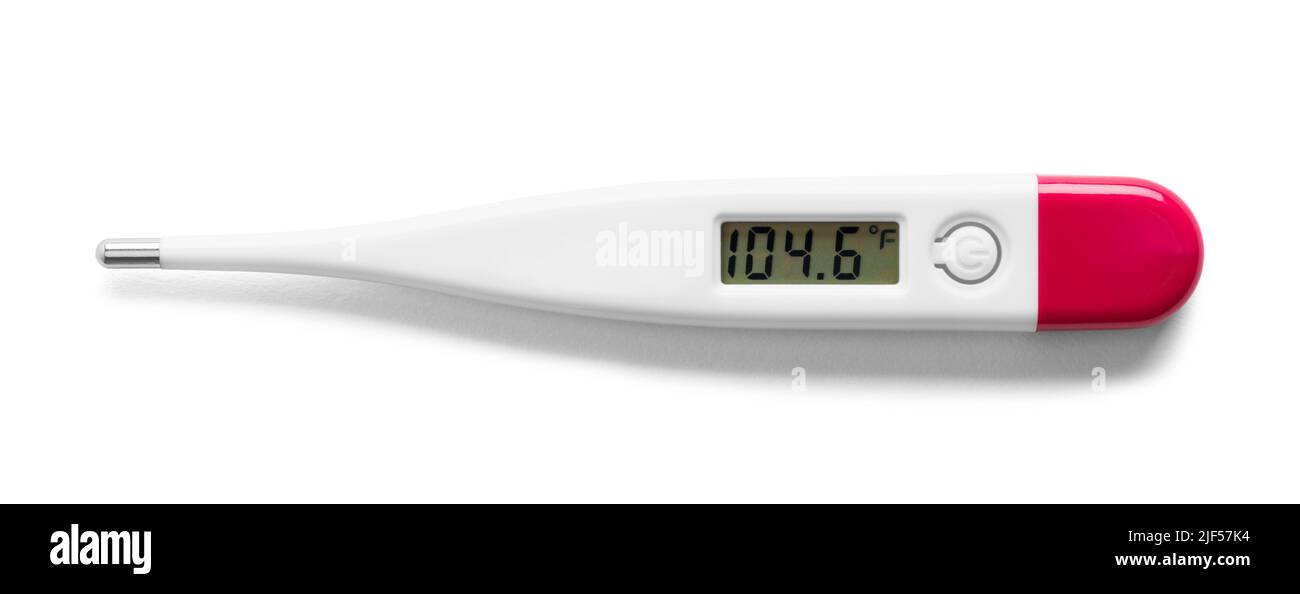Medizinisches Digitalthermometer mit einem Temperaturausschnitt auf Weiß. Stockfoto