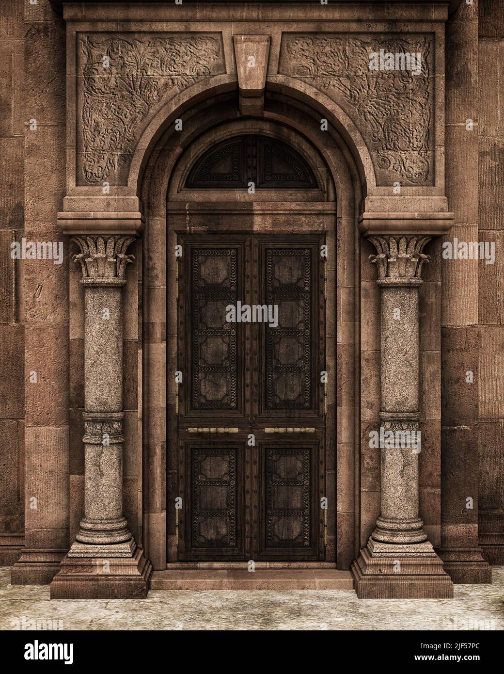 Alte dekorative Holztür mit Steinbogen und Säulen. 3D Rendern. Stockfoto