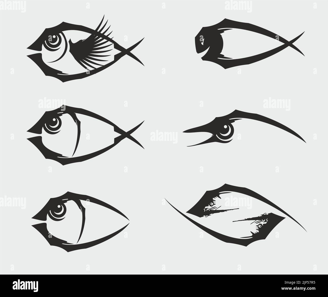 Schwarze Fischsymbole auf grauem Hintergrund für Ihr kreatives Design. Einfache Fischsymbole für Geschäftsideen, Restaurantmenüs, Logos, Embleme, Stickerei Stockfoto