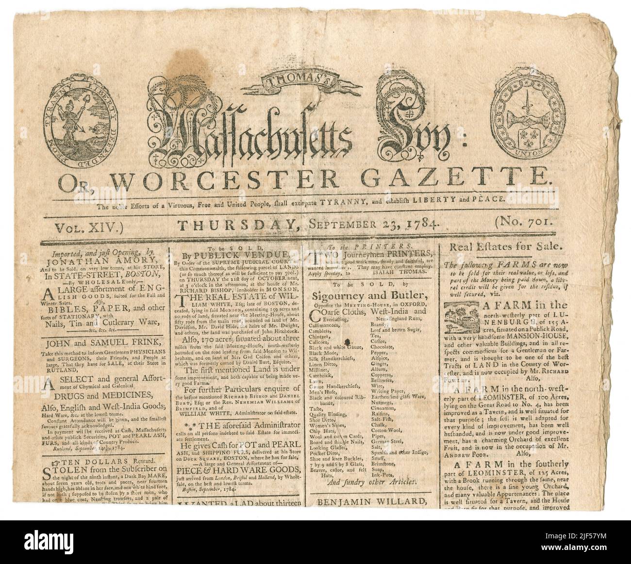 Die Ausgabe vom 23. September 1784 der Zeitung Massachusetts Spy oder Worcester Gazette, herausgegeben von Isaiah Thomas. Isaiah Thomas (1749-1831) war ein früher amerikanischer Drucker, Zeitungsverleger und Autor. Er führte die erste öffentliche Lesung der Unabhängigkeitserklärung in Worcester, Massachusetts, durch und berichtete über den ersten Bericht über die Schlachten von Lexington und Concord. Er war der Gründer der American Antiquarian Society. QUELLE: ORIGINALZEITUNG Stockfoto