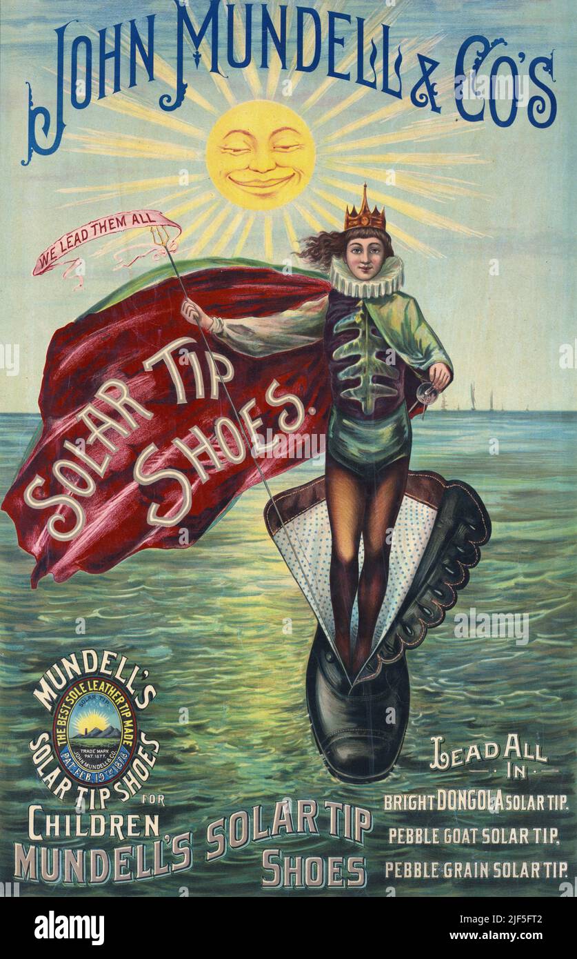 1889 Anzeige für die Solar Tip Schuhe von John Mundell & Co. Lithographie von Wells & Hope Co. Stockfoto