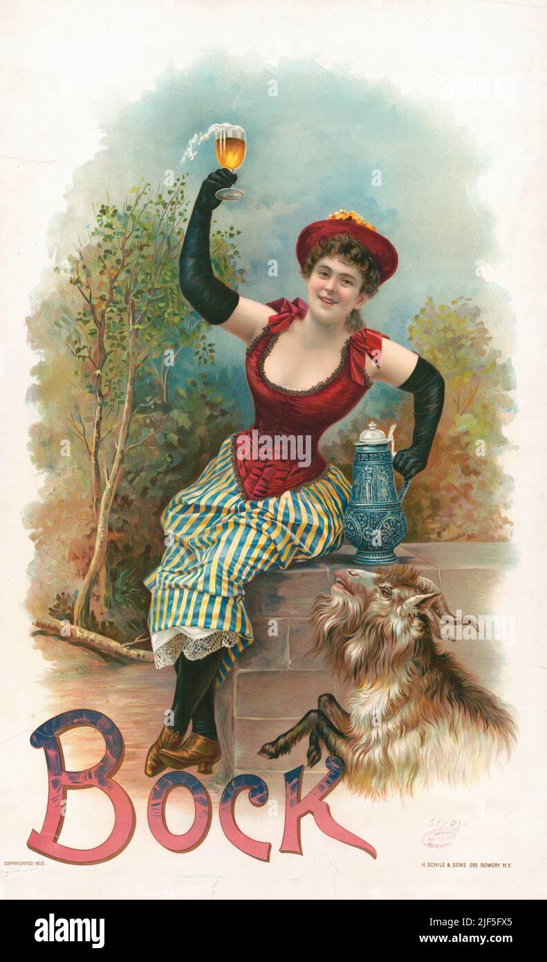 1893 Anzeige für Bock Beer, habt eins mit mir. Lithographie von Henry Jerome Schile. Stockfoto