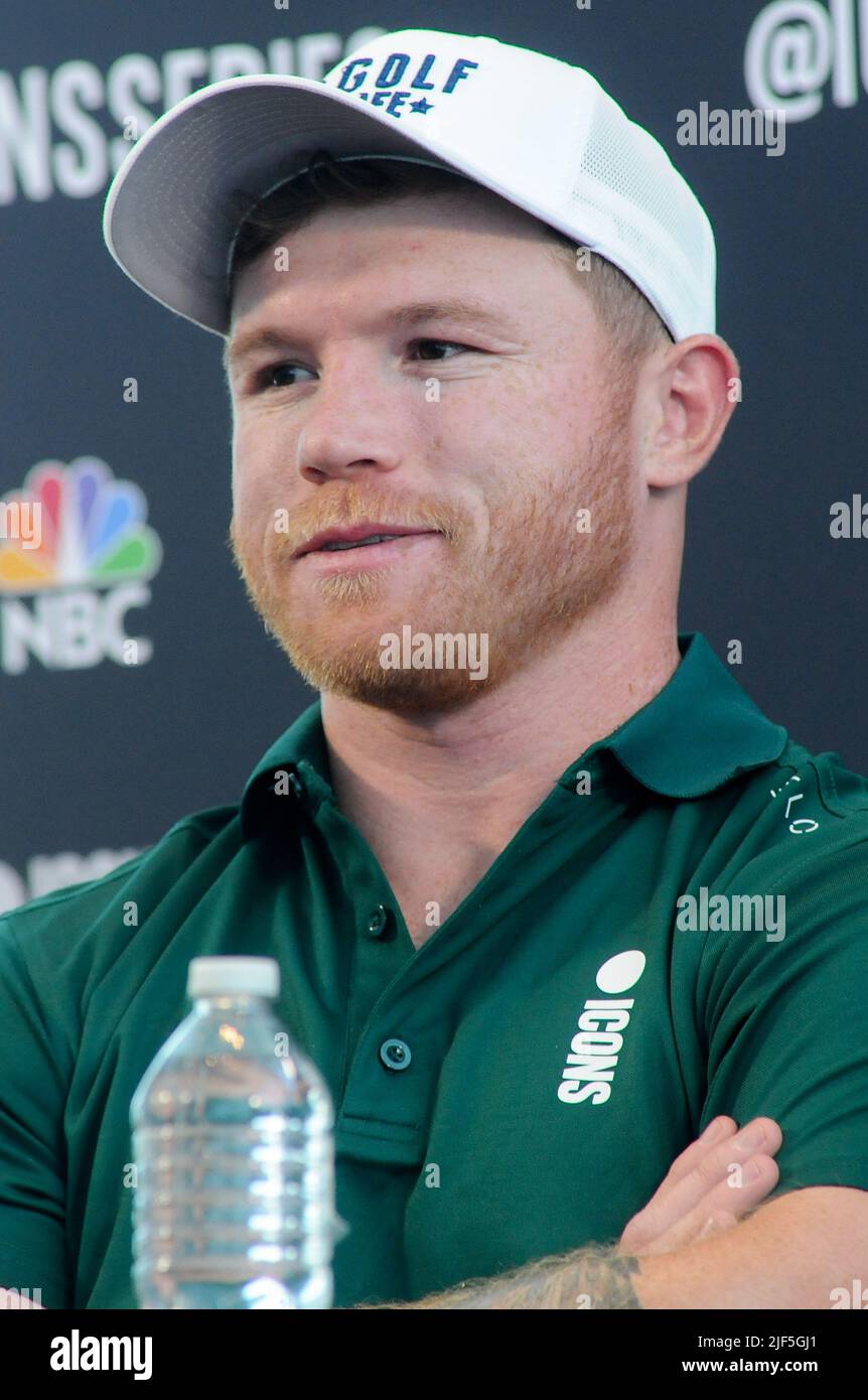 Jersey, Usa. 29.. Juni 2022. Canelo Alvarez nimmt an der Icons Series Pressekonferenz im Liberty National Golf Club, Jersey City, Teil. Kredit: SOPA Images Limited/Alamy Live Nachrichten Stockfoto