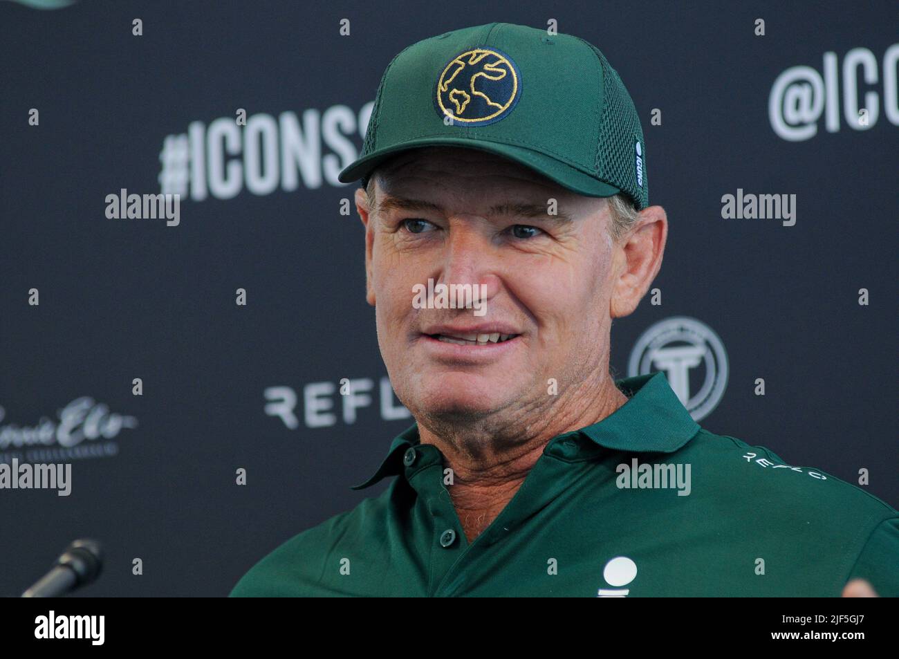 Jersey, Usa. 29.. Juni 2022. Ernie Els nimmt an der Icons Series Pressekonferenz im Liberty National Golf Club, Jersey City, Teil. Kredit: SOPA Images Limited/Alamy Live Nachrichten Stockfoto