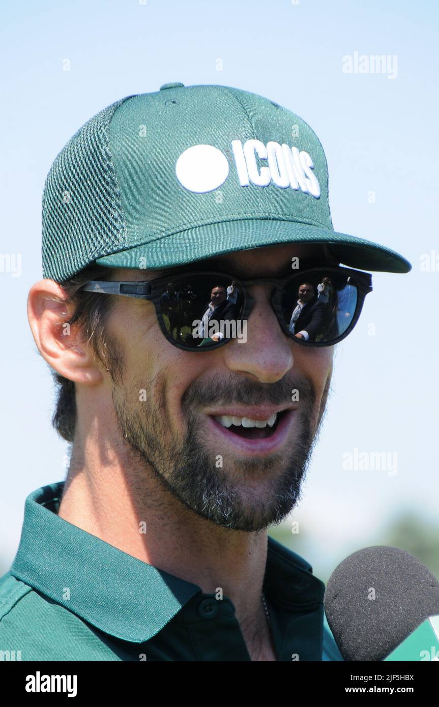 Jersey, Usa. 29.. Juni 2022. Michael Phelps nimmt an der Icons Series Pressekonferenz im Liberty National Golf Club, Jersey City, Teil. (Foto von Efren Landaos/SOPA Images/Sipa USA) Quelle: SIPA USA/Alamy Live News Stockfoto