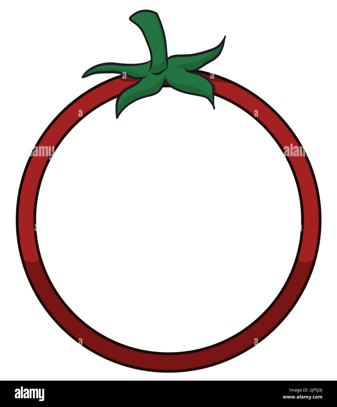 Runder Ring oder Rahmenvorlage wie eine Tomate, verziert mit grünem Stiel im Cartoon-Stil. Stock Vektor