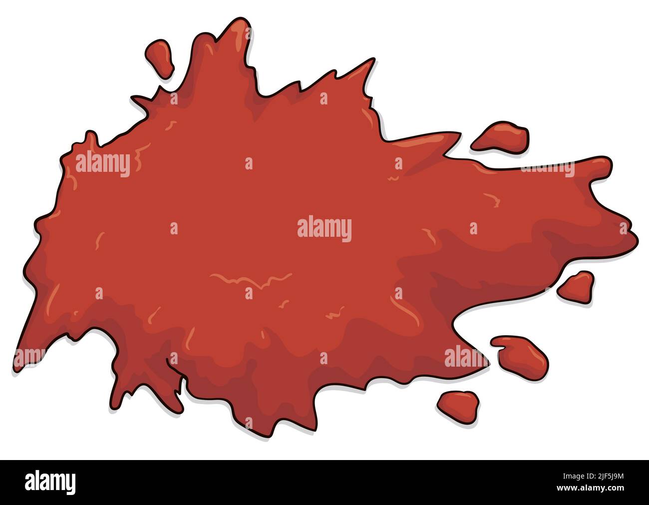 Rote Spritzer Flüssigkeit wie Ketchup, Farbe oder Blut und einige Tropfen im Cartoon-Stil auf weißem Hintergrund. Stock Vektor