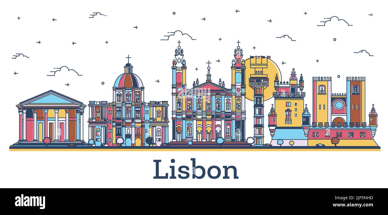 Skizzieren Sie Lissabon Portugal City Skyline mit farbigen historischen Gebäuden isoliert auf Weiß. Vektorgrafik. Lissabon Stadtbild mit Wahrzeichen. Stock Vektor