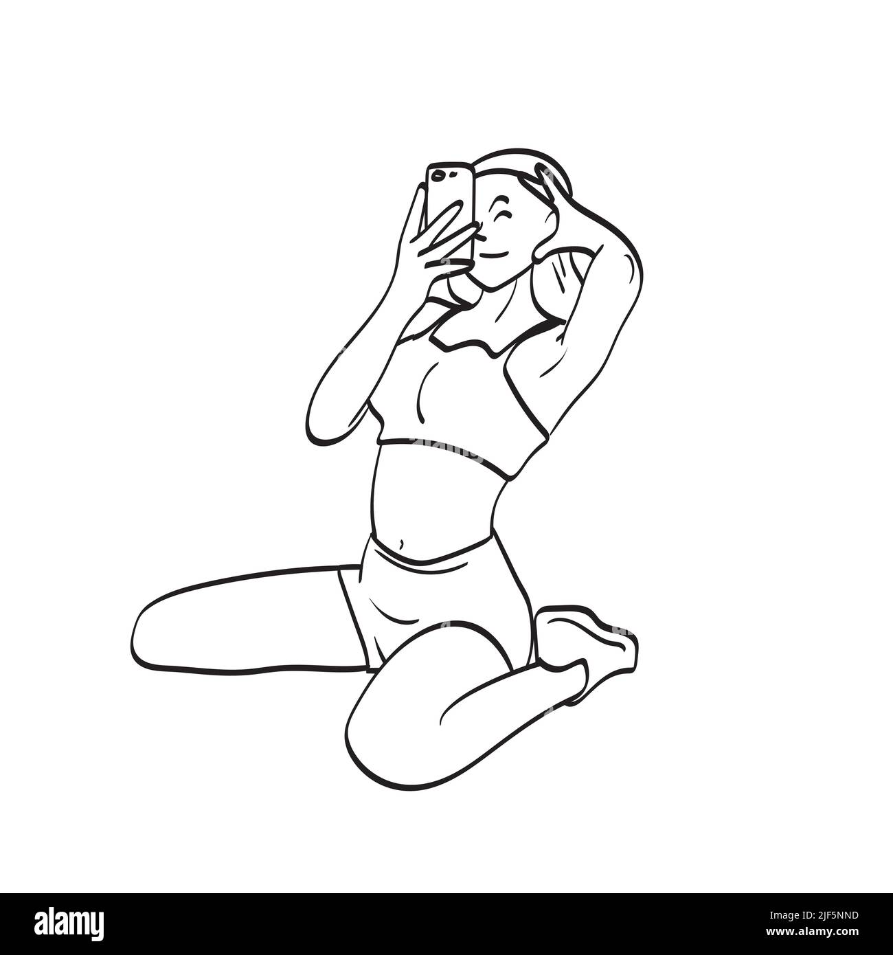 Volle Länge der Frau im Sportlichen Foto mit Smartphone Illustration Vektor Hand gezeichnet isoliert auf weißem Hintergrund Linie Kunst. Stock Vektor