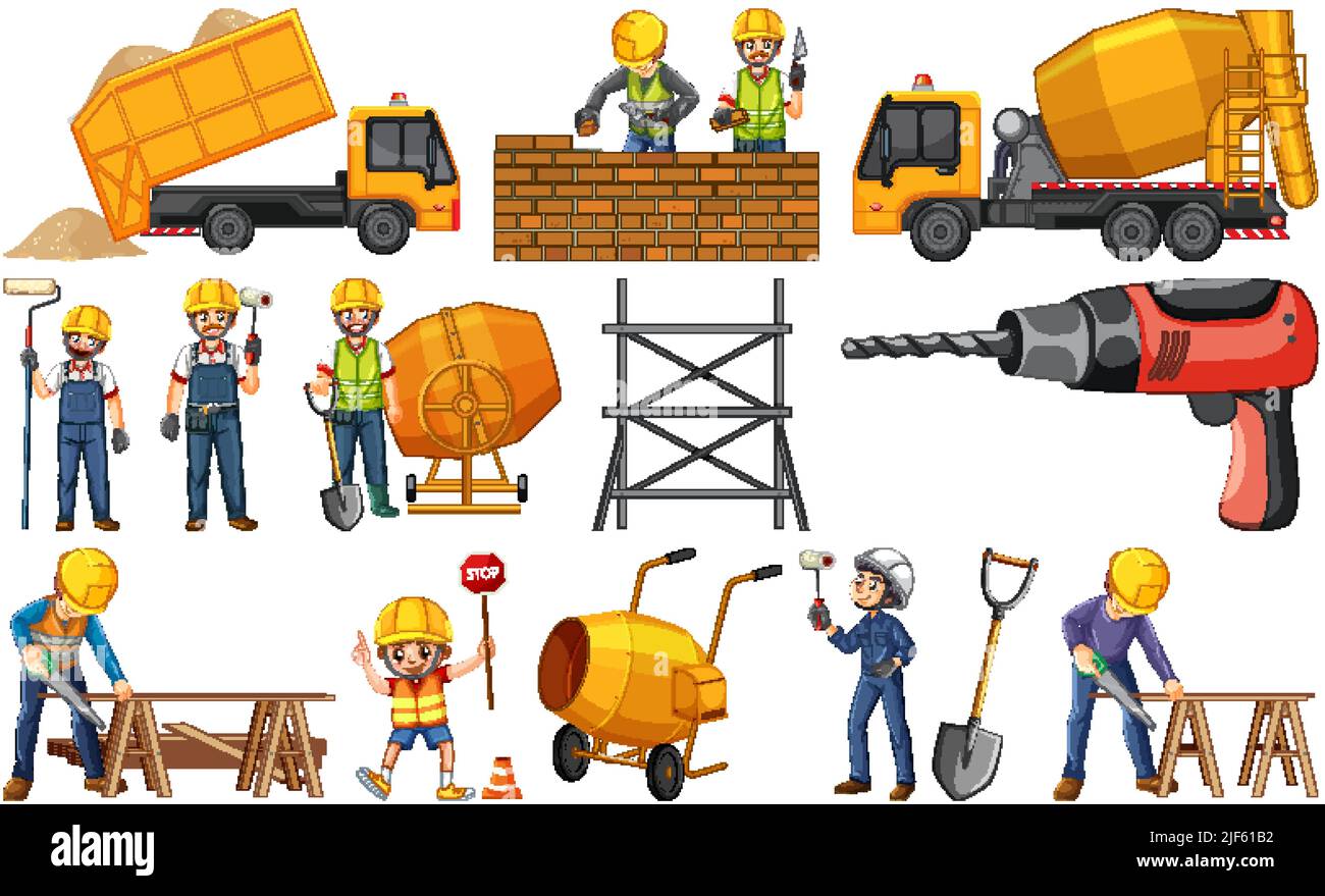 Satz von Baustellen Objekte und Arbeiter Illustration Stock Vektor