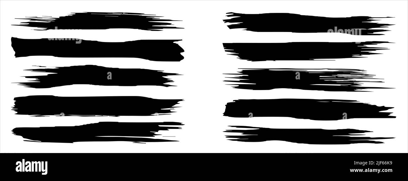 Sammlung von künstlerischen grungy schwarze Farbe von Hand gemacht kreative Pinselstrich auf Hintergrund isoliert gesetzt. Eine Gruppe von abstrakten Grunge-Skizzen für Design Stockfoto