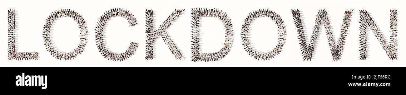 Konzept konzeptuelle große Gemeinschaft von Menschen, die die LOCKDOWN-Botschaft bilden. 3D Illustration Metapher für Quaratin, Abschaltung nicht-wesentlicher Aktivitäten Stockfoto
