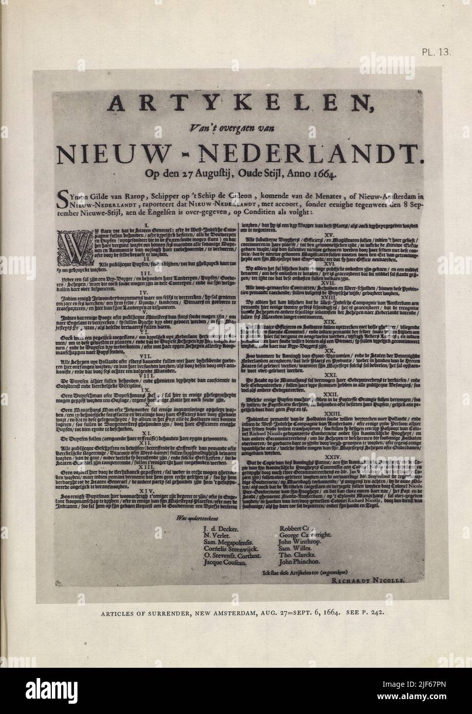 ARTICLES OF SURRENDER, NEW AMSTERDAM, AUG. 27 - SEPT. 6, 1664 aus dem Buch die Ikonographie von Manhattan Island, 1498-1909 zusammengestellt aus Originalquellen und illustriert durch fotogetaglio-Reproduktionen wichtiger Karten, Pläne, Ansichten und Dokumente in öffentlichen und privaten Sammlungen - Band 4 Stockfoto