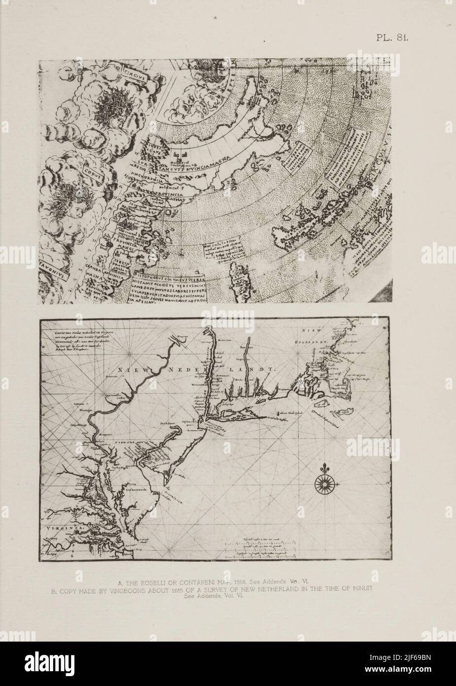 DIE ROSELLI ODER CONTARENI KARTE, 1506. [Top] KOPIE VON VINGBOONS ÜBER 1665 EINER ÜBERSICHT ÜBER DIE NEUEN NIEDERLANDE IN DER ZEIT VON MINUIT [bottom] aus dem Buch die Ikonographie von Manhattan Island, 1498-1909, zusammengestellt aus Originalquellen und illustriert mit Foto-Tiefdruck-Reproduktionen wichtiger Karten, Pläne, Ansichten, Und Dokumente in öffentlichen und privaten Sammlungen - Band 6 Stockfoto