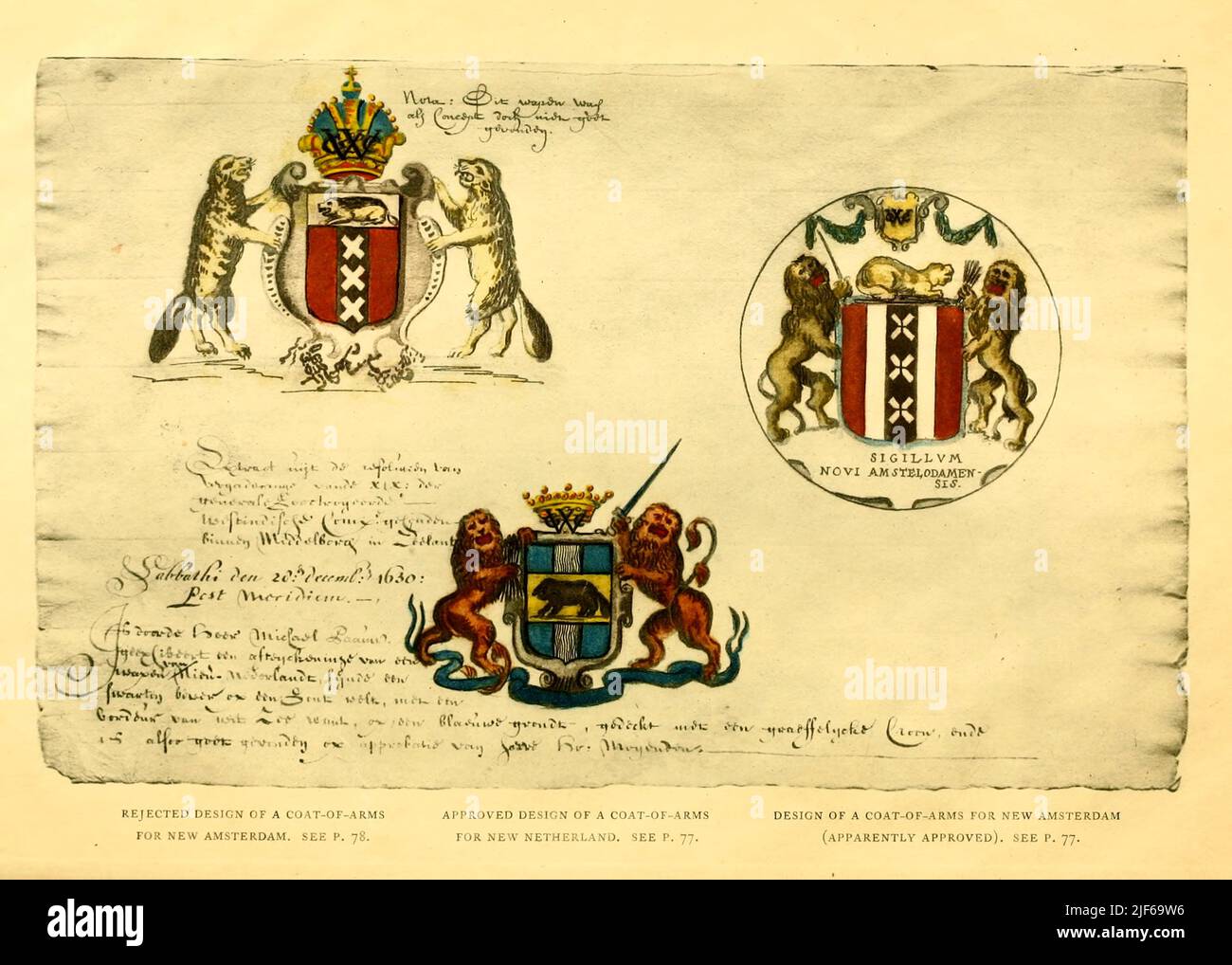 Designbeweise des neuen Amsterdamer Wappens abgelehnt Design des Wappens von New Amsterdam (links) Approved Design des Wappens von New Amsterdam (rechts) Approved Design des Wappens von New Netherlands (unten) aus dem Buch The Ikonography of Manhattan Island, 1498-1909 zusammengestellt aus Originalquellen und illustriert mit Foto-Tiefdruck-Reproduktionen wichtiger Karten, Pläne, Ansichten und Dokumente in öffentlichen und privaten Sammlungen - Band 4 Stockfoto