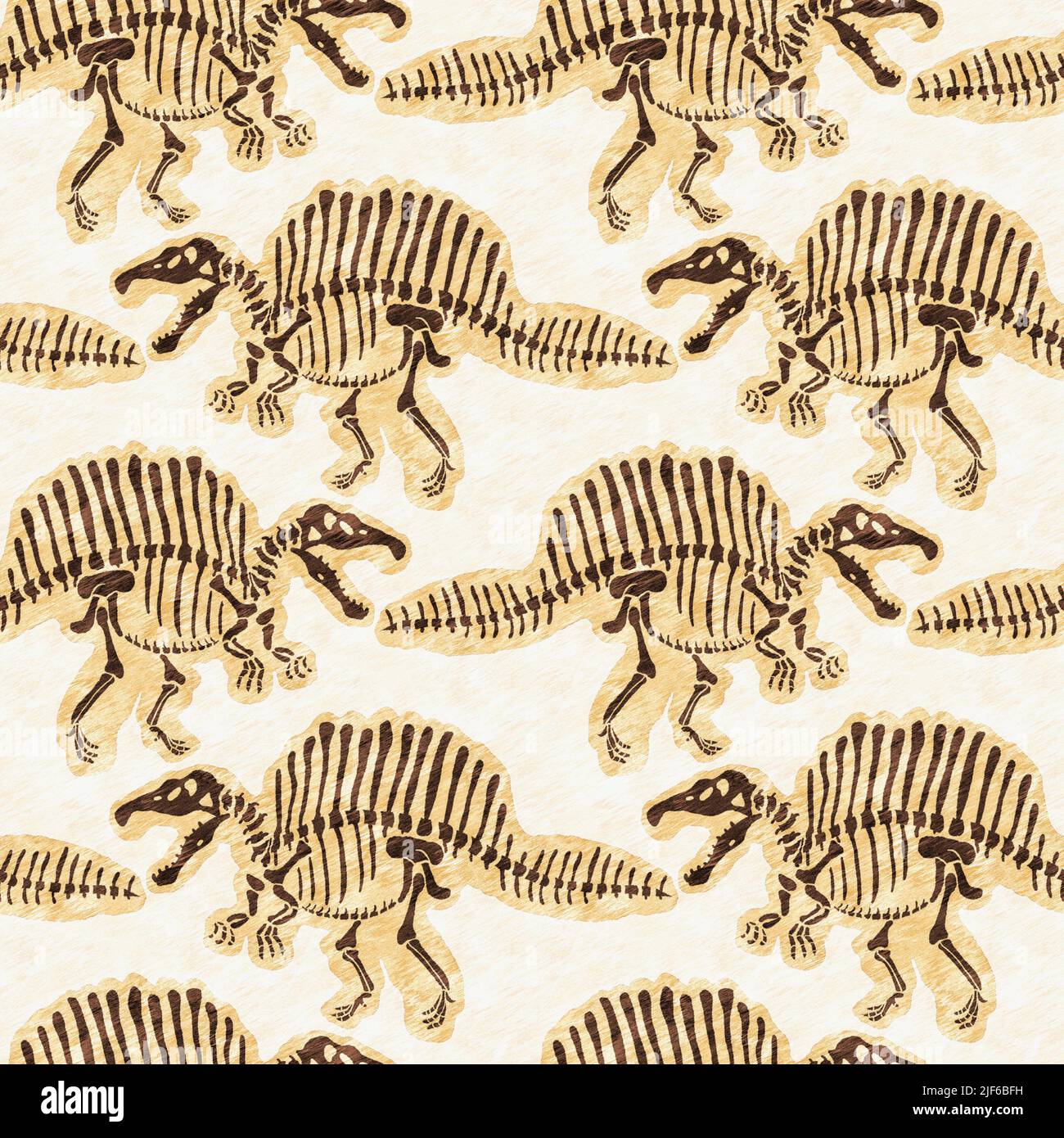 Braun handgezeichnete Spinosaurus fossile Knochen Dinosaurier nahtloses Muster. Geschlechtsspezifische neutrale jurassische Silhouette für die Babykrippe. Home Dekor für Museum Stockfoto